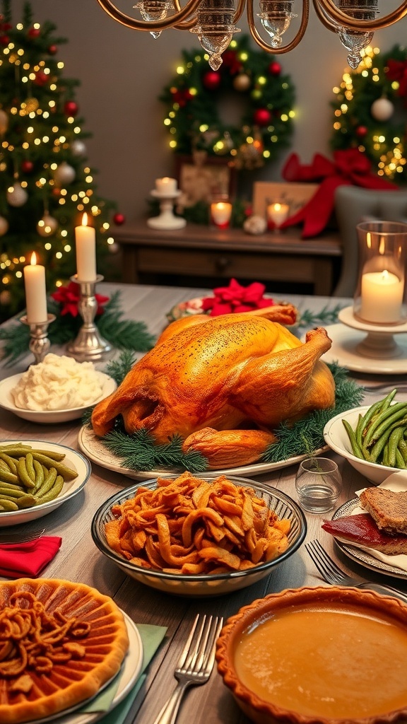 A festive Christmas dinner table with roast turkey, mashed potatoes, green bean casserole, and pumpkin pie, decorated for the holiday.